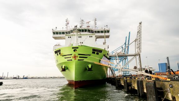 Een groot groen schip ligt aangemeerd aan een kade in een industriële haven. Het schip is verbonden met de wal via een loopbrug. Op de achtergrond zijn kranen en haveninstallaties zichtbaar, evenals een grijze lucht en wateroppervlak.