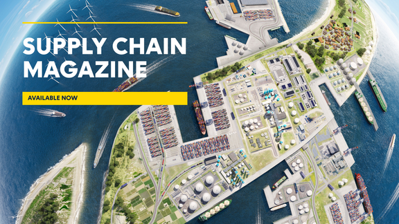 A detailed aerial illustration of a modern port and industrial area surrounded by water. The image shows container terminals, cargo ships, storage tanks, warehouses, and green spaces. Wind turbines are visible in the upper left corner, indicating renewable energy integration. Several ships are navigating the waterways, and the infrastructure includes roads and rail tracks for transportation. On the left side, bold white text reads “SUPPLY CHAIN MAGAZINE” with a yellow banner below stating “AVAILABLE NOW.”