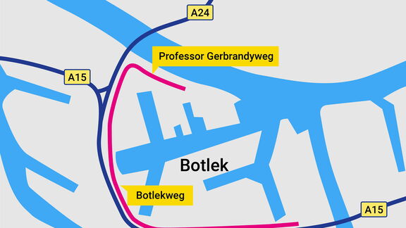 Een kaart van het Botlekgebied met blauwe waterwegen en grijze landzones. Belangrijke wegen zijn gemarkeerd in geel, waaronder de Professor Gerbrandyweg en Botlekweg. De snelwegen A15 en A24 zijn zichtbaar aan de randen van de kaart. Het gebied toont een industriële zone met schematische wegen en verbindingen