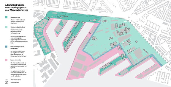 Kaart van het Merwe-vierhavengebied over waterveiligheid. Pijlen visualiseren de evacuatieroutes