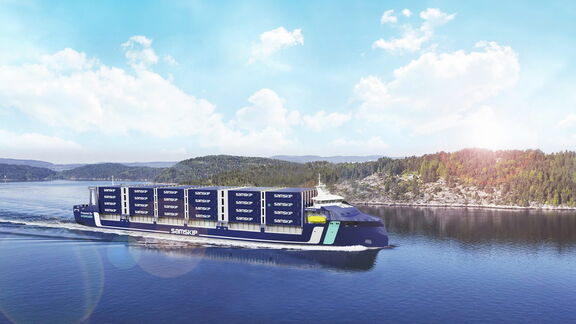 Artist Impression van de op vloeibare waterstofschepen van Samskip