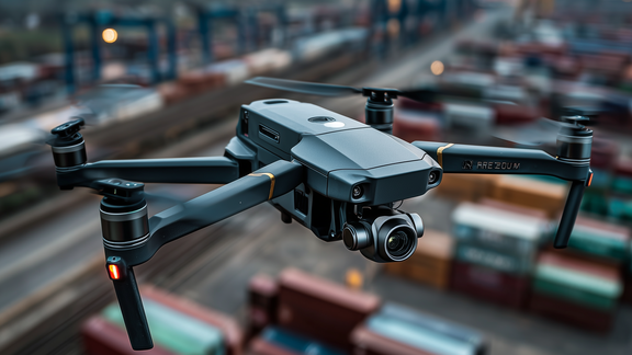 Een moderne quadcopterdrone met camera vliegt boven een groot industrieterrein met gestapelde zeecontainers en havenkranen op de achtergrond.