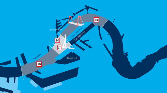 “Kaart met delen van de Rotterdamse haven met aangeduide vaargebieden en snelheidslimieten van 20 en 50 km/u.”