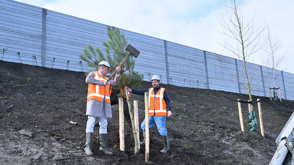 Twee personen in veiligheidsvesten plaatsen een jonge boom op een talud en slaan een paal in de grond.