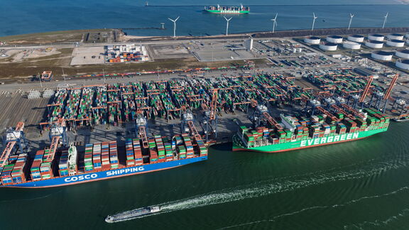 Luchtfoto van de RWG‑terminal met meerdere grote containerschepen, waaronder COSCO SHIPPING en EVERGREEN, aangemeerd aan de kade. Talloze kranen laden en lossen containers, terwijl op de achtergrond een uitgestrekt terrein met gestapelde containers en windturbines langs de kust zichtbaar is.
