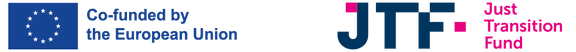 A graphic featuring the European Union emblem with a circle of yellow stars on a blue background, accompanied by the text "Co-funded by the European Union" in blue. Next to it is the logo for the Just Transition Fund (JTF) in bold navy letters with pink accents, and the words "Just Transition Fund" in pink on the right.