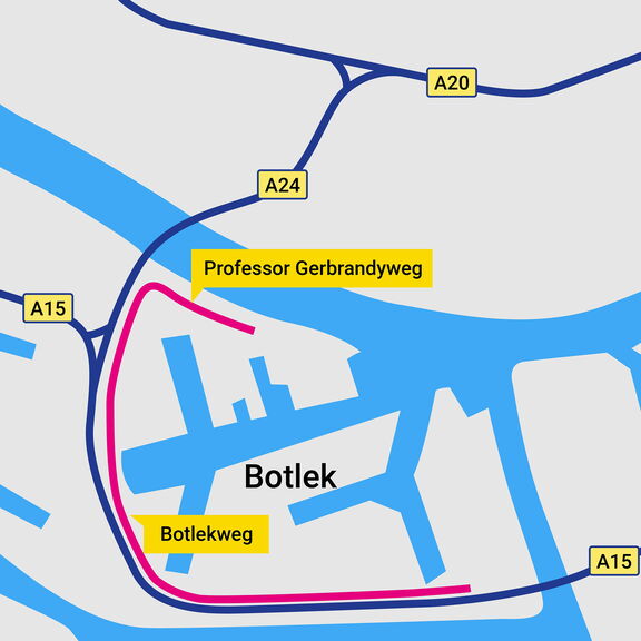 A simplified map showing the Botlek industrial area with waterways in blue and two highlighted roads: Professor Gerbrandyweg and Botlekweg, marked with yellow labels. The A15 highway is indicated on both the left and right sides of the map with yellow boxes. The map uses blue for water, light gray for land, and pink and dark blue lines to represent routes.