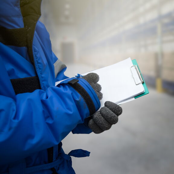 Persoon schrijft op notitieblok in een koelcel gevuld met containers