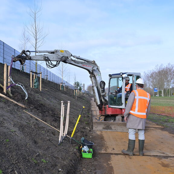 Boomplantwerkzaamheden langs de Droespolderweg met een kleine graafmachine en twee medewerkers.